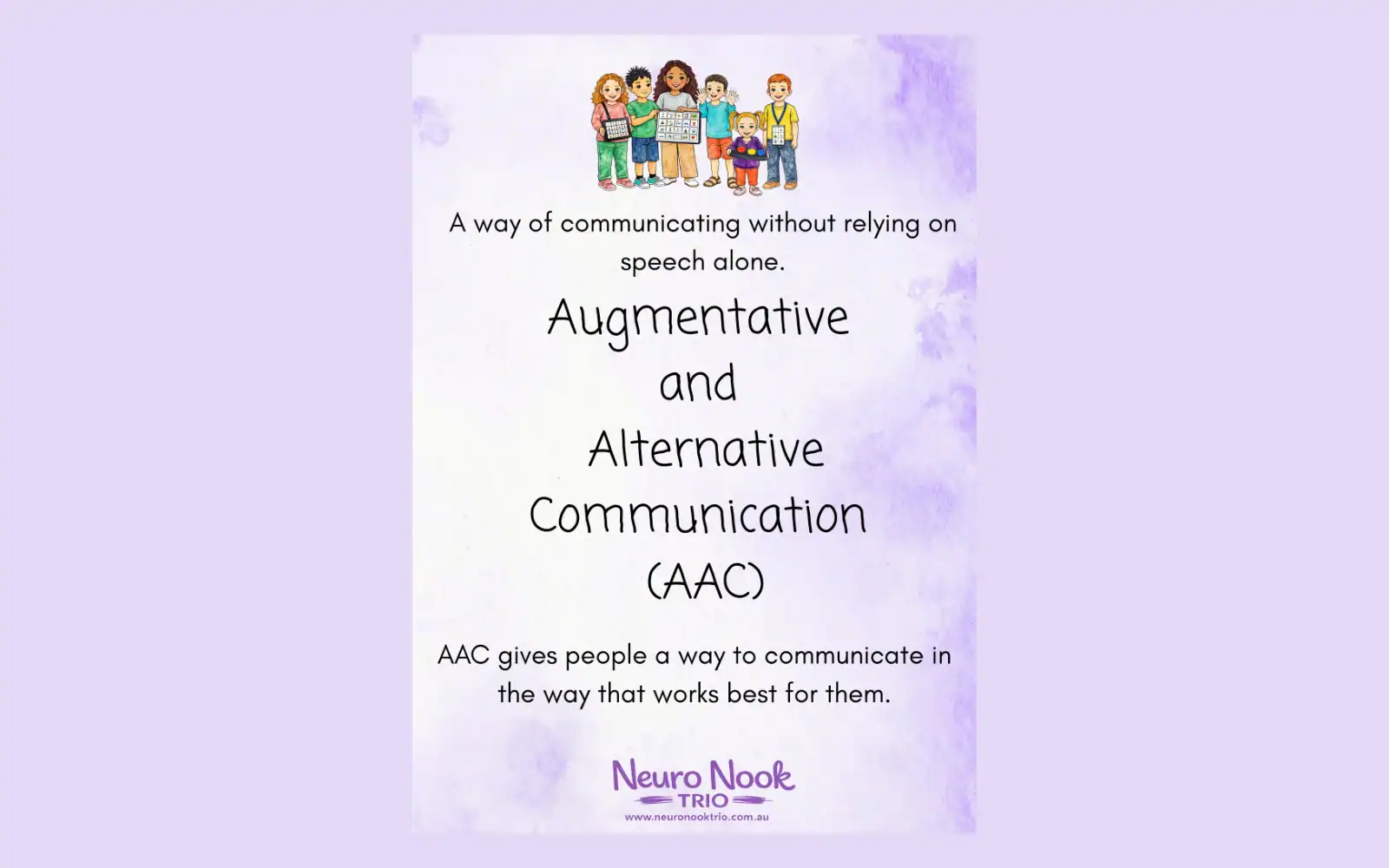 Educational poster on AAC for communication without speech, ideal for neurodiverse children.