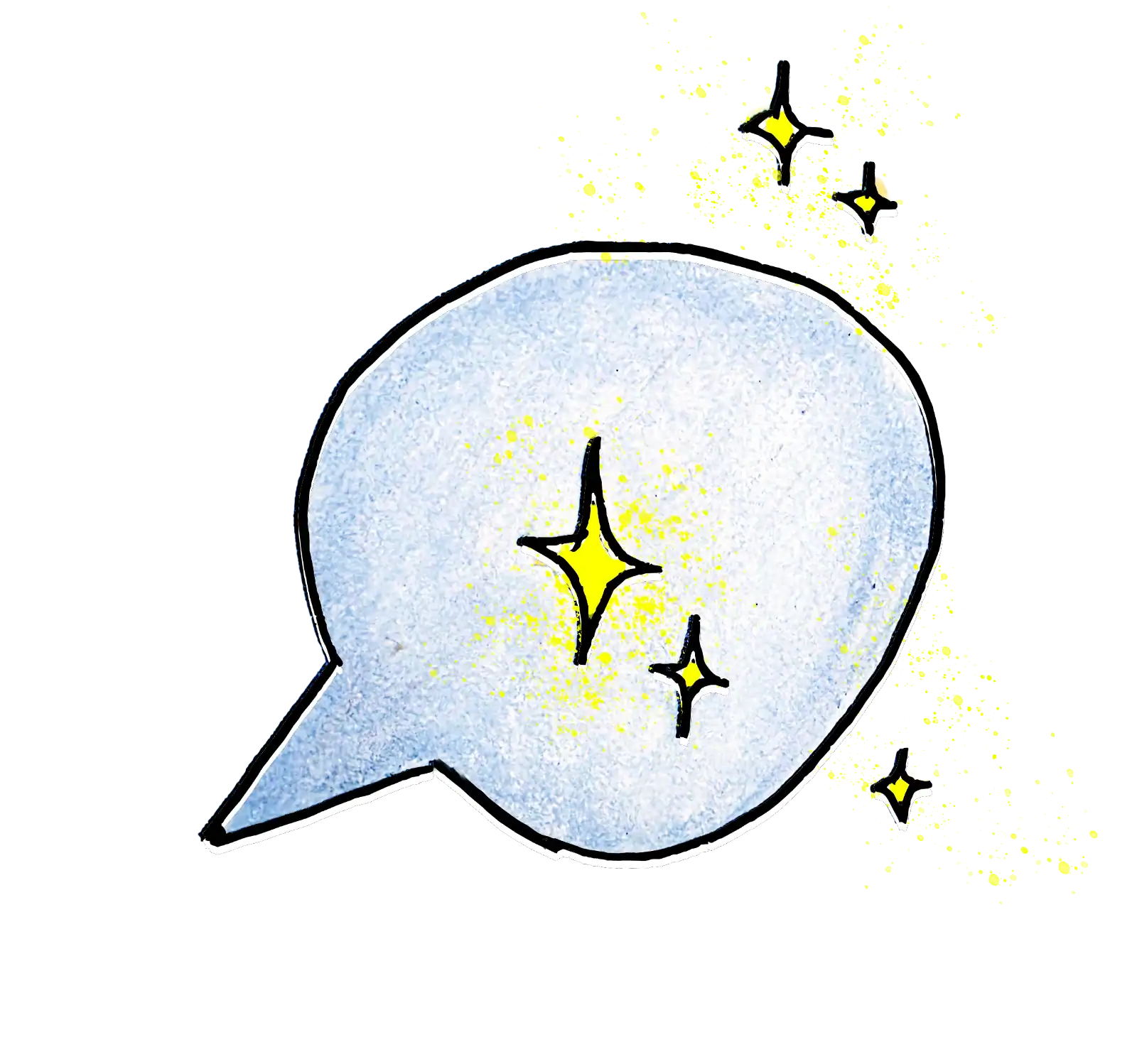 Friendly speech bubble with sparkles, representing communication and learning support.