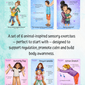 Brightly colored images of animal-inspired sensory exercises for children, including kangaroo bounce.