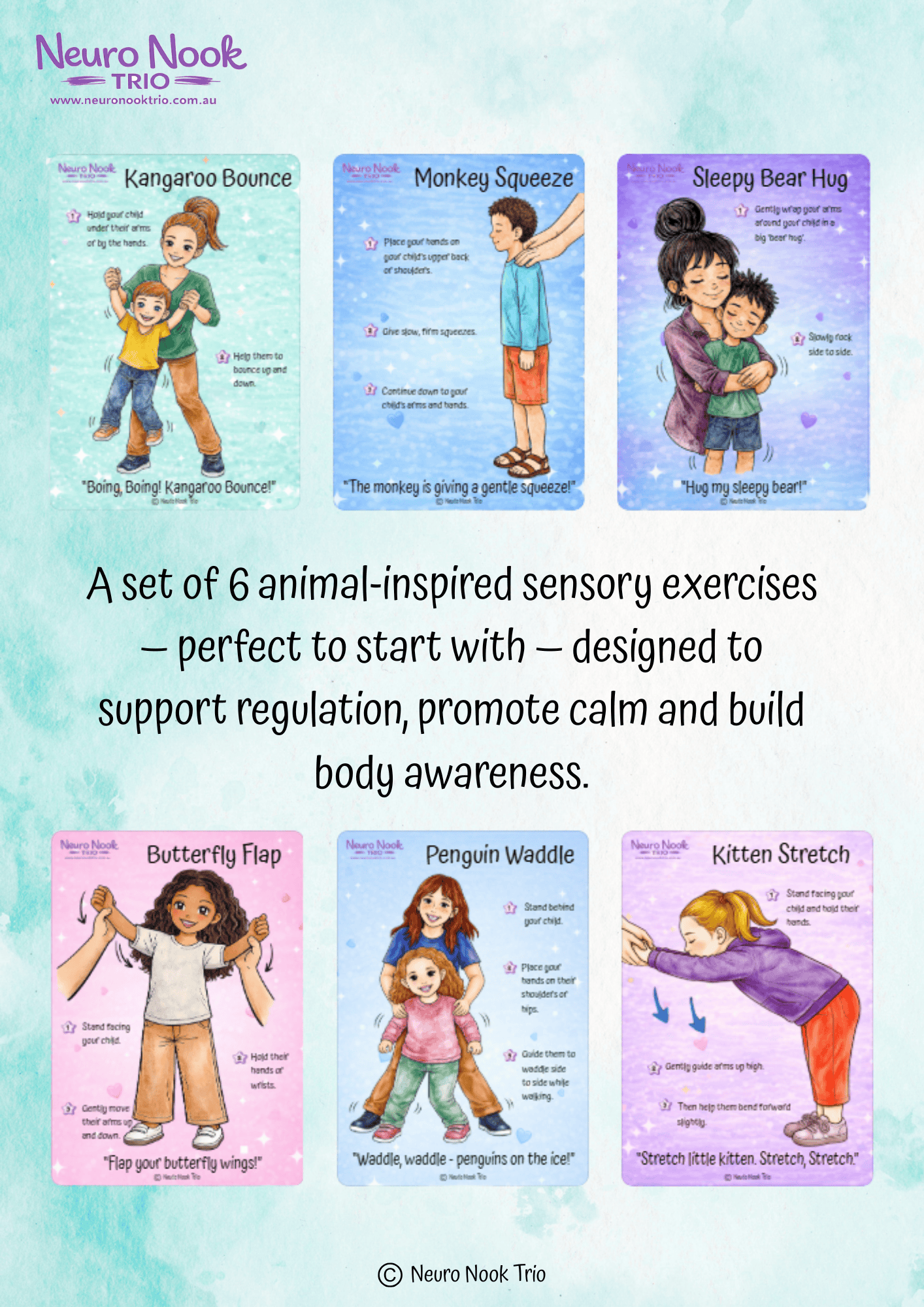 Brightly colored images of animal-inspired sensory exercises for children, including kangaroo bounce.