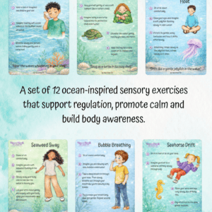 Ocean-inspired sensory exercises for regulation and calmness, featuring turtle, jellyfish, and seawe.